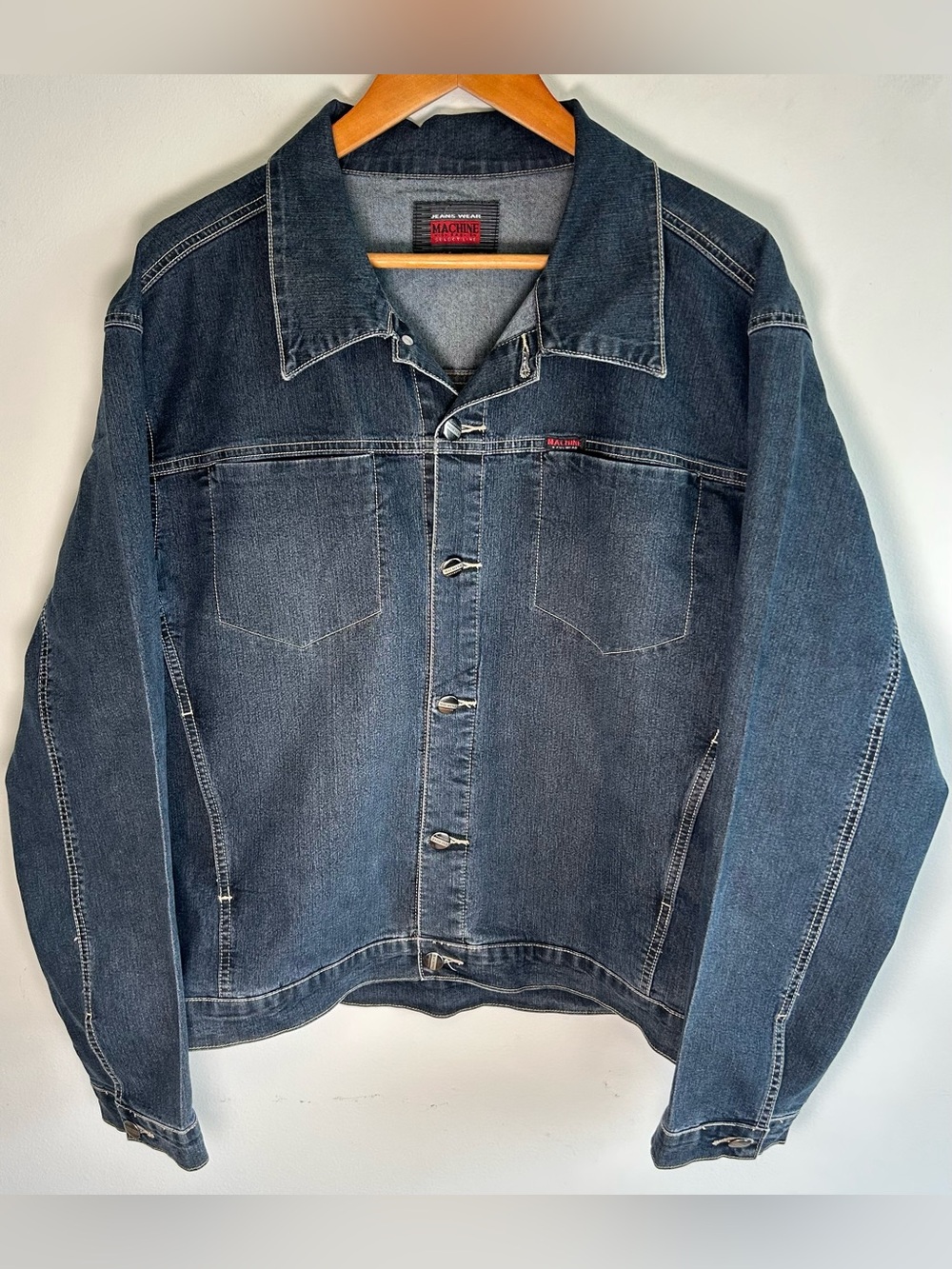 Vintage Machine Jeans Wear Denim Jacket Mens L Faded Wash Stretch 1990s Y2K